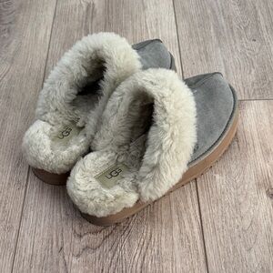 UGG Women’s Gray Suede Shearling-Lined Slip-On Clog with Tan Sole